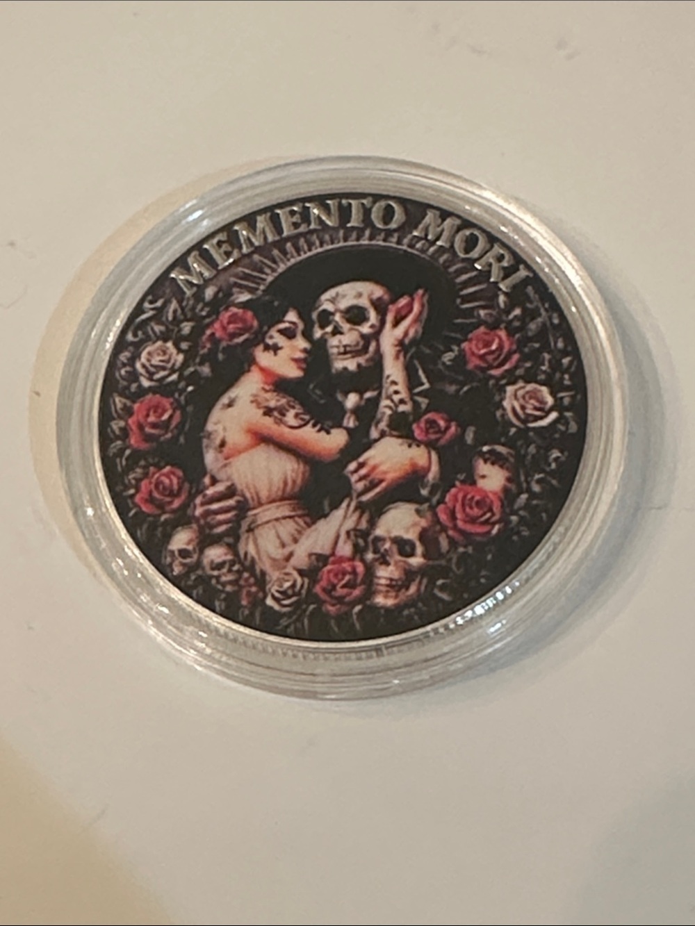 Vivo Memento Mori Skeleton Embrace Coin Pendant - Black, Red, White